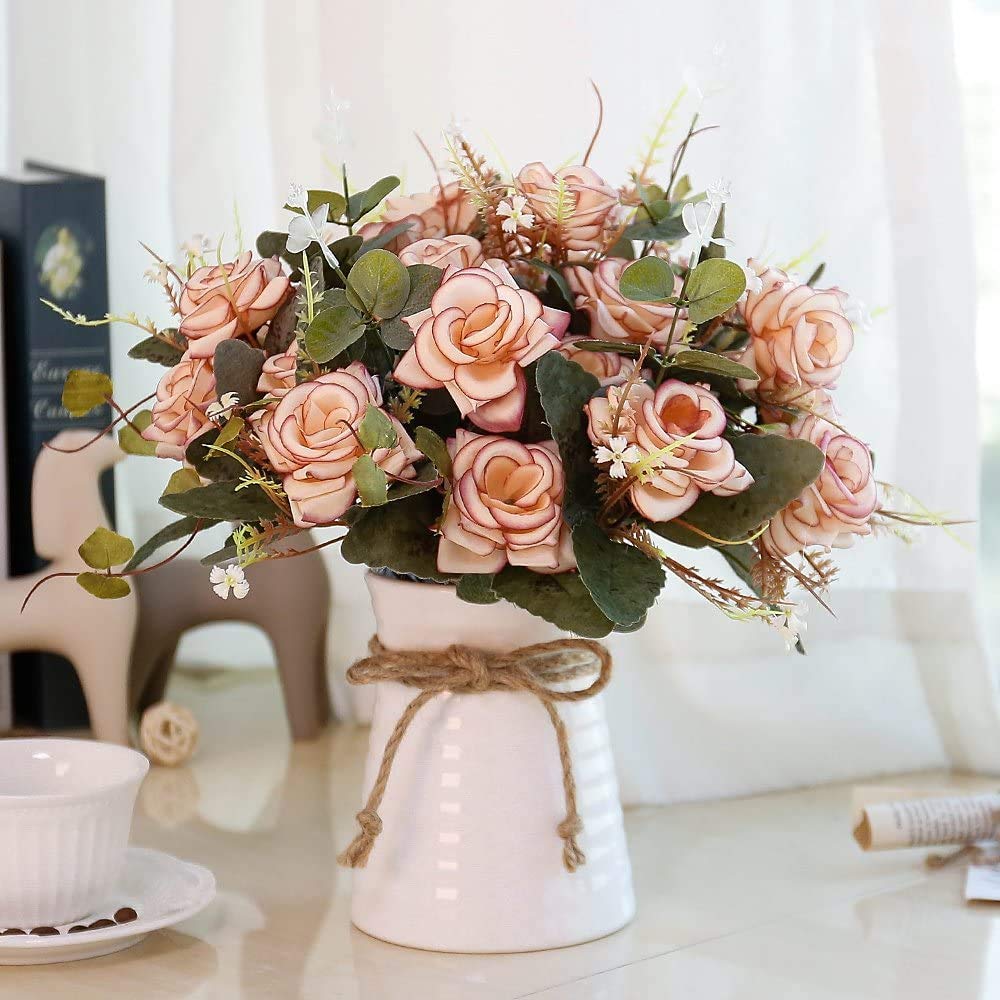 LESING Artificial Rose Flowers in Vase,Fake Silk Flower Bouquets with Ceramics Vase for Table Centerpieces Linning Roon Kitchen Decoration (Pink)