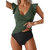 Aidonger Tankini Swimsuit for Women Tummy Control Two Piece Bathing Suit Ruched Ruffle Swimwear Top with Bottom