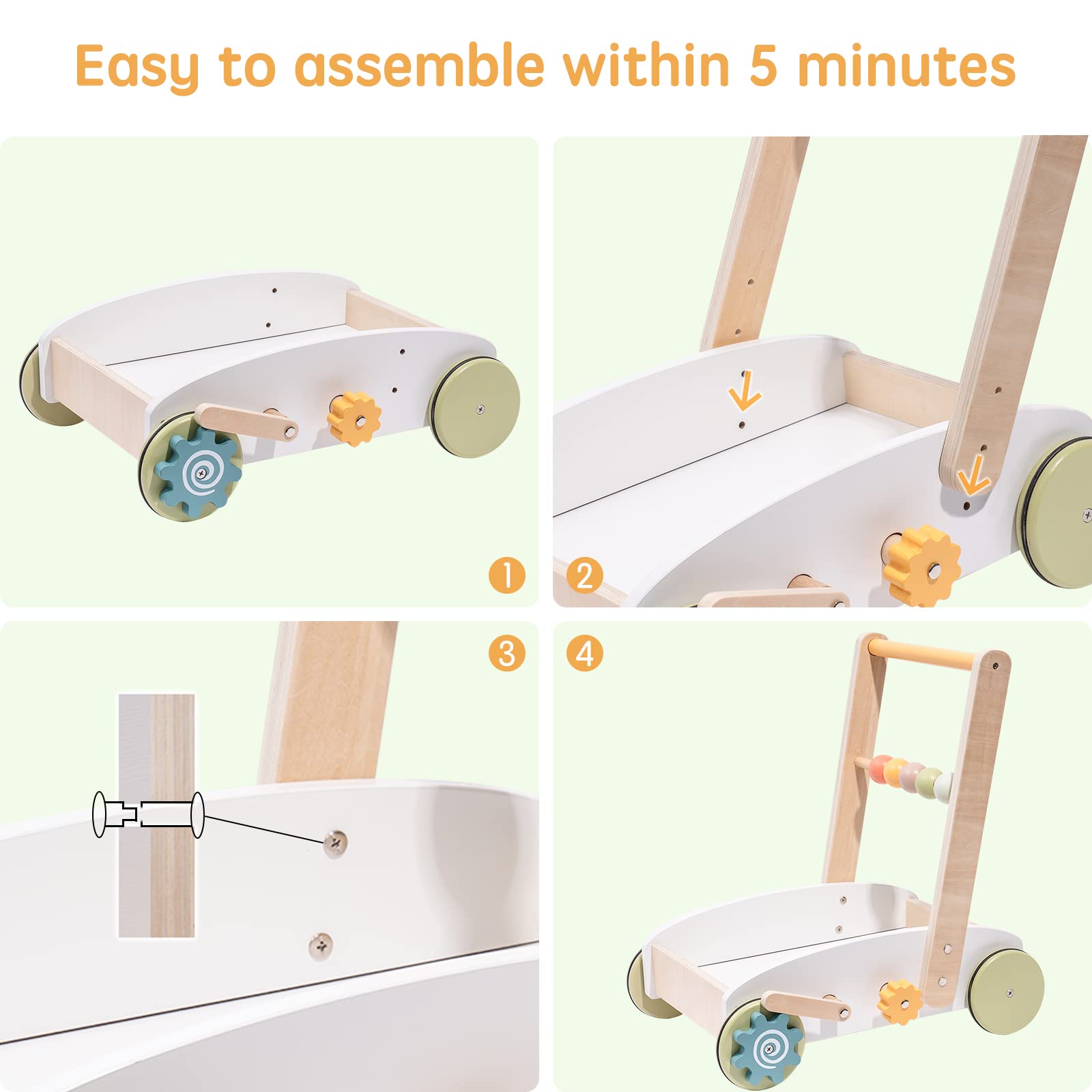 ROBUD Wooden Baby Push Walker for Boy Girls, Baby Learning Walking Toys, with Wooden Building Block Burlywood WG189