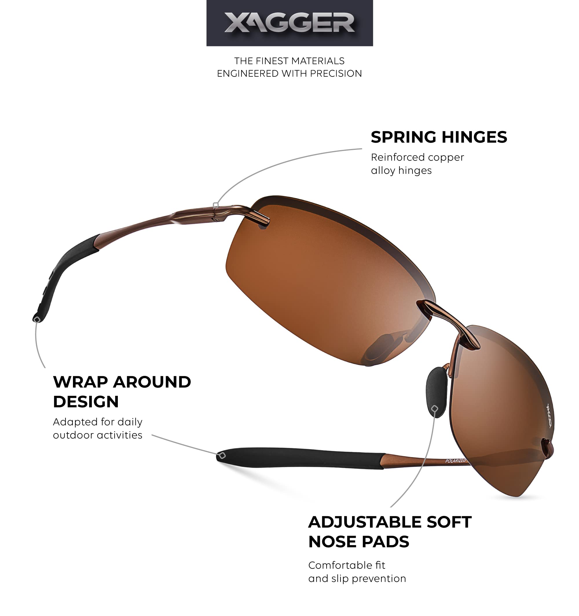 Xagger Polarized Driving Sunglasses for Men Rimless Metal Frame UV400 Protection Sun Glasses