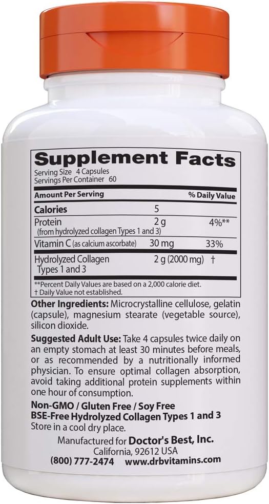 Doctor's Best Collagen Types 1 & 3 with Vitamin C, Non-GMO, Gluten Free, Soy Free, Supports Hair, Skin, Nails, Tendons & Bones, 500 mg, 240 Caps (DRB-00263): Health & Personal Care