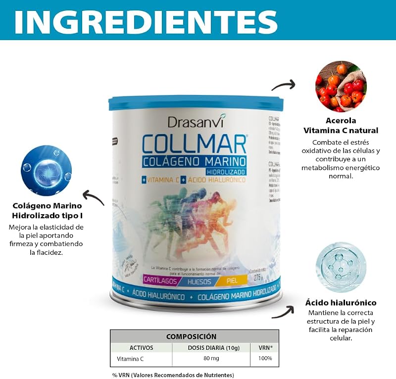 COLLMAR Colagénio Marinho Hidrolisado com Ácido Hialurónico, Vitamina C | Sem adoçantes | Assimilação máxima 9.660 mg/dia | 275g de pó | Sabor a baunilha