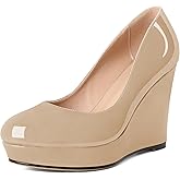 Joseywade Wedge Pumps for Women Platform Heel Round Toe Heels Slip On Wedge High Heel Dress Shoes 4 Inch