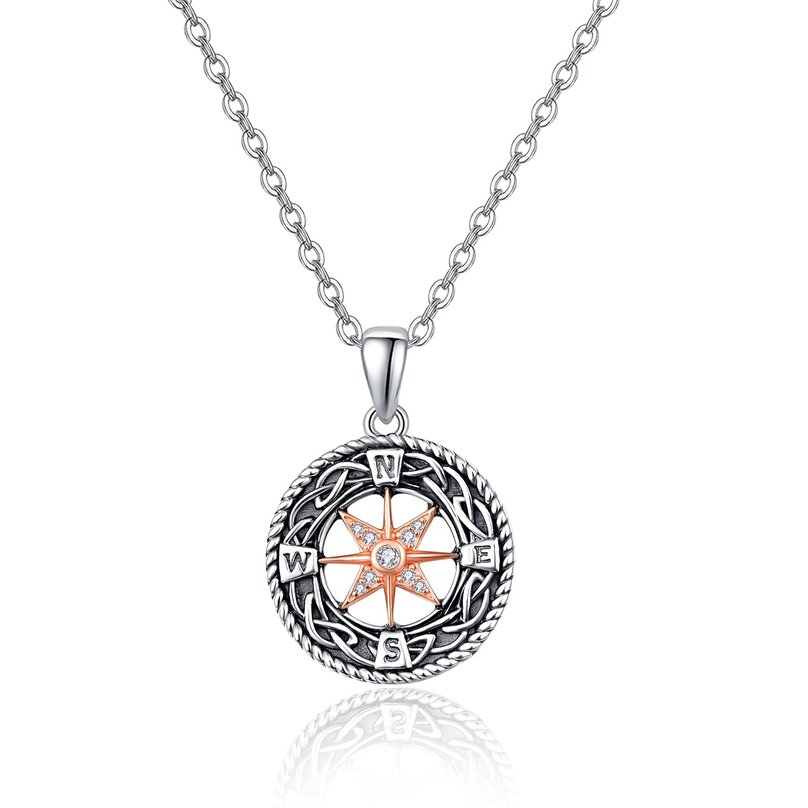 KINGWHYTE Compass Necklace 925 Sterling Silver Rose Gold Celtic Knot Compass Pendant Birthday Jewellery Gifts for Women