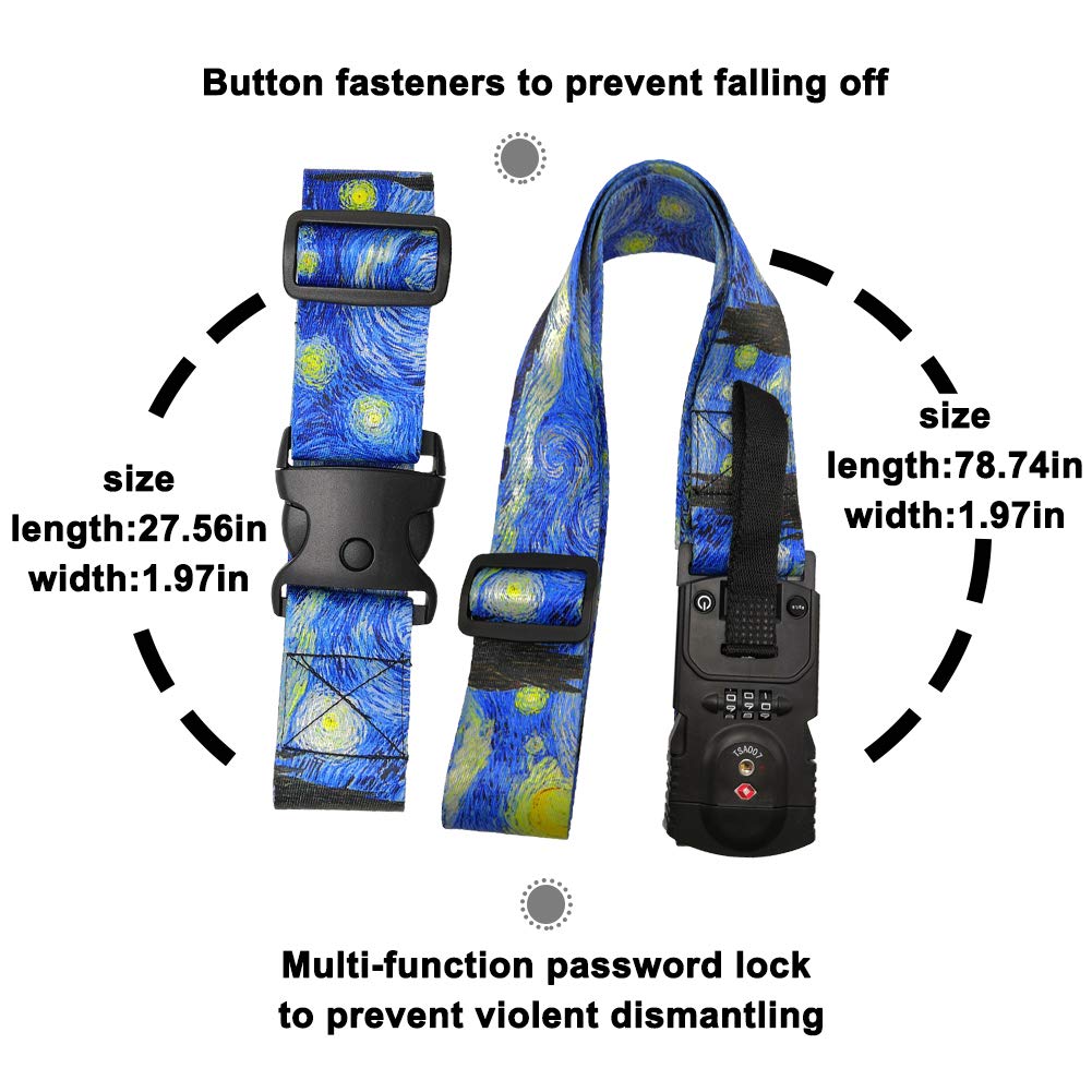 Luggage Straps Luggage Belt Non-slip Combination Lock Digital Scale TSA Compliant Van Gogh Sunflower Print Travel Suitcase Straps Accessories(Starry Night Printed)