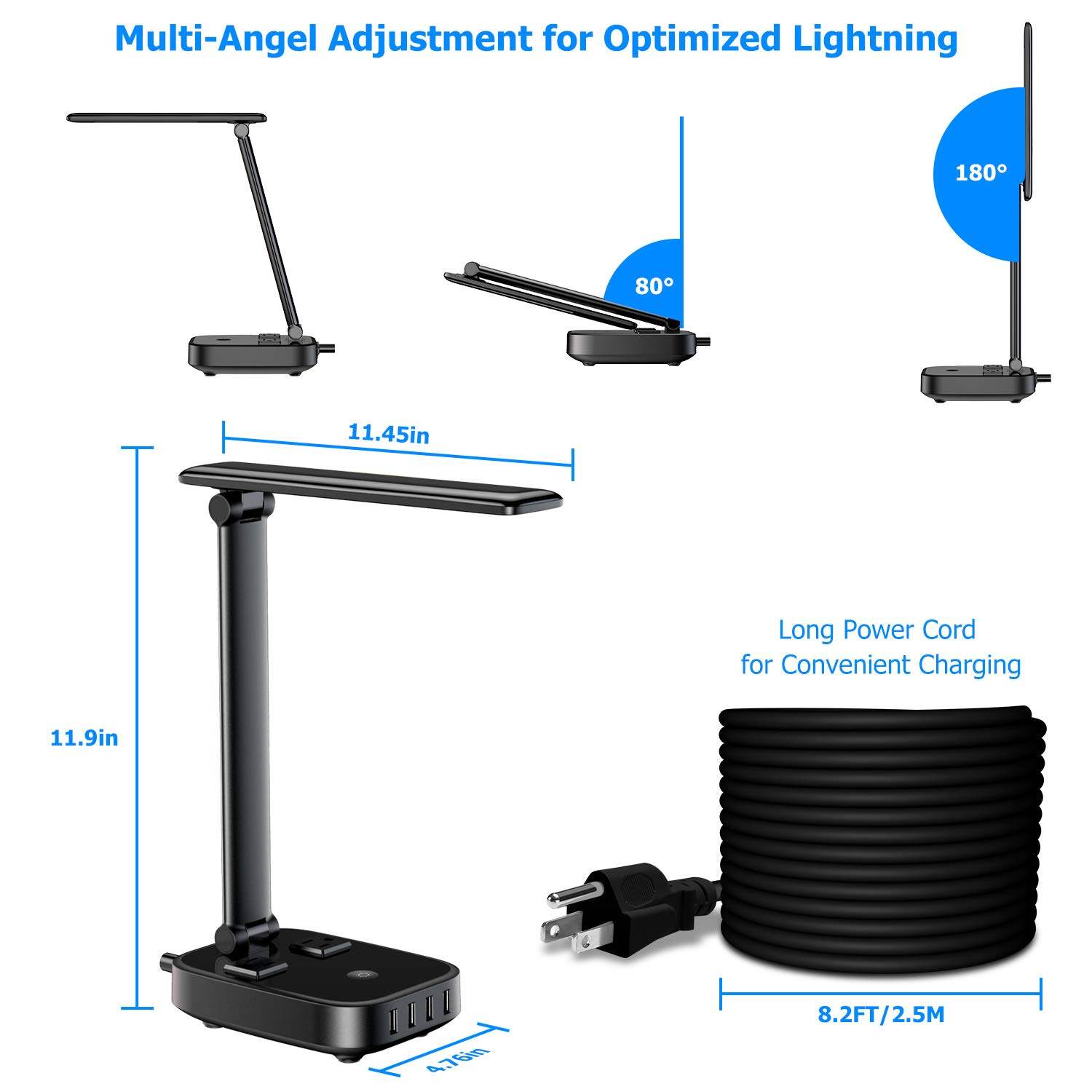 Yostyle LED Desk Table Lamp Light with 4 Surge Protector USB Charging Port and 2 AC Power Outlet, 8.2FT Cord Power Strip Station, 3 Level Brightness, Eye-Caring Foldable Lamp for Bedside Office Hotel