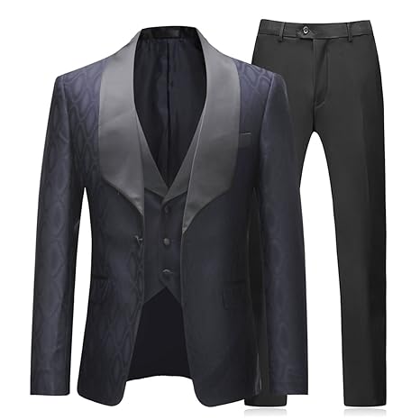 Anzug Herren Slim Fit 3 Teilig Business Hochzeit Jacquard Schalkragen Knopfleiste mit EIN Knopf Blau Large