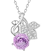 Aurora Tears Birthstone Rose Pendant Necklace - 925 Sterling Silver Rose Cut Cubic Zirconia Flower Leaf Necklace Anniversary Birthday Jewelry Gift for Women Wife Mom Daughter
