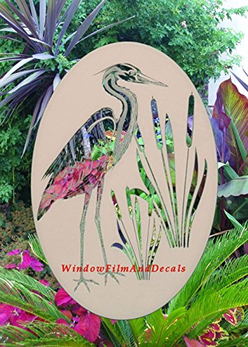 Oval Egret & Cattails Left Etched Window Decal Vinyl Glass Cling - 21" x 33" - White with Clear Design Elements