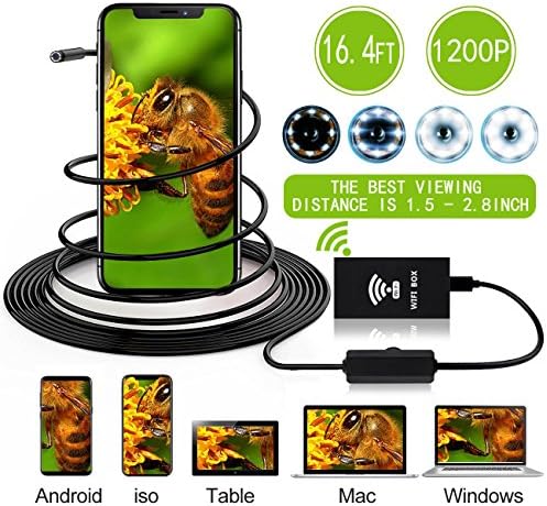 Wireless Endoscope,EOS&amp;HELIOS 5M/16.4Ft HD WiFi Borescope Mini Inspection Camera 2.0 Megapixels IP68 Waterproof Semi-rigid Detector with 8 LED