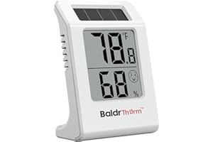 BaldrTherm 2.2'' Digital Thermometer and Hygrometer Meter, Solar-Powered Indoor Temperature Sensor Humidity Monitor, Humidity Gauge for Baby Rooms, Bedrooms, Home, Office, and Wine Cellars, 1Pack