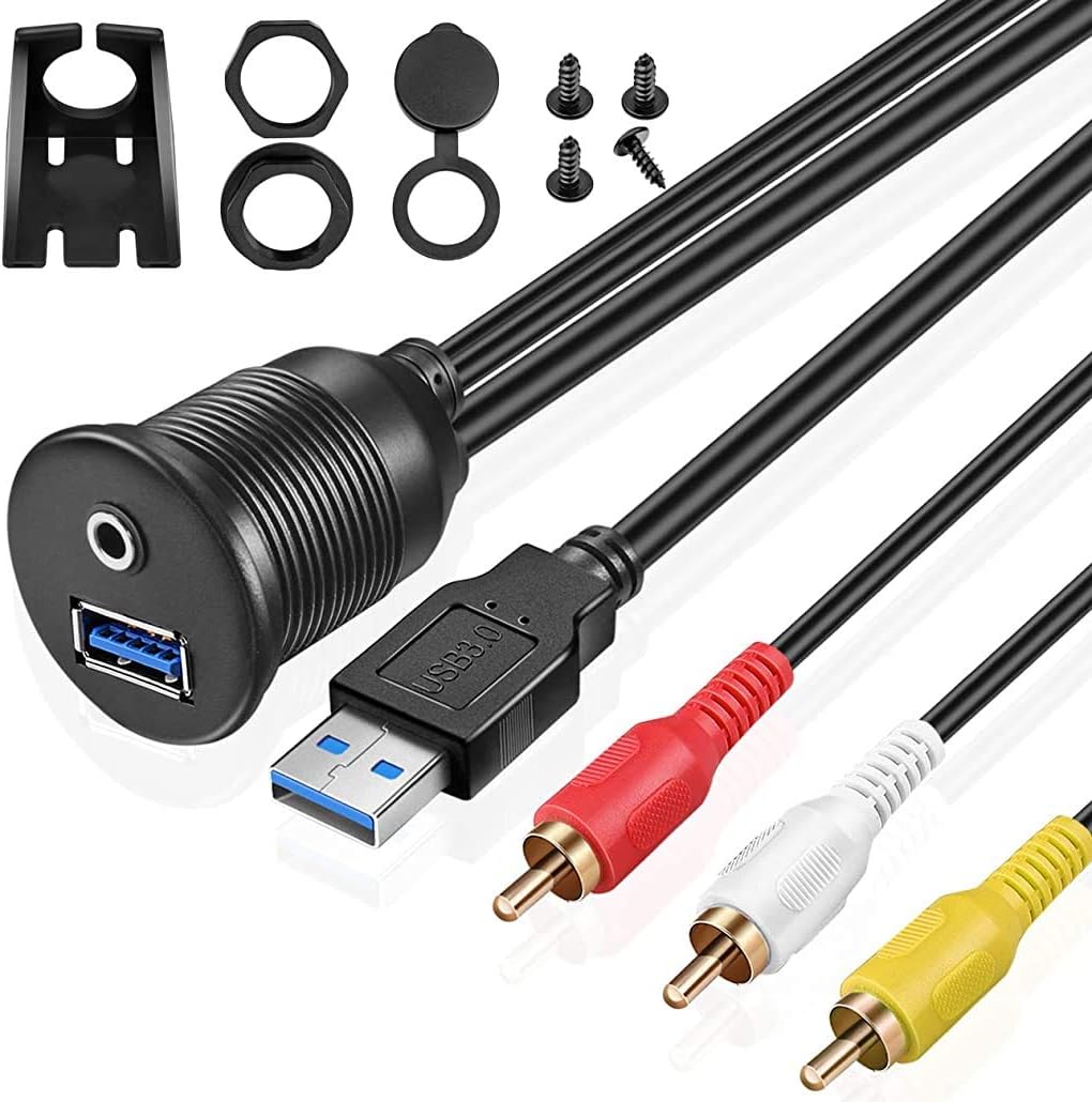 URWoow USB 3.0 RCA Flush Mount Cable Kit USB 3.0 and 3 RCA to USB and 3.5mm Female AUX Extension Cable Dashboard Panel Dash Mount Port (3 feet)