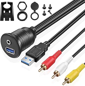 URWoow USB 3.0 RCA Flush Mount Cable Kit USB 3.0 and 3 RCA to USB and 3.5mm Female AUX Extension Cable Dashboard Panel Dash Mount Port (3 feet)