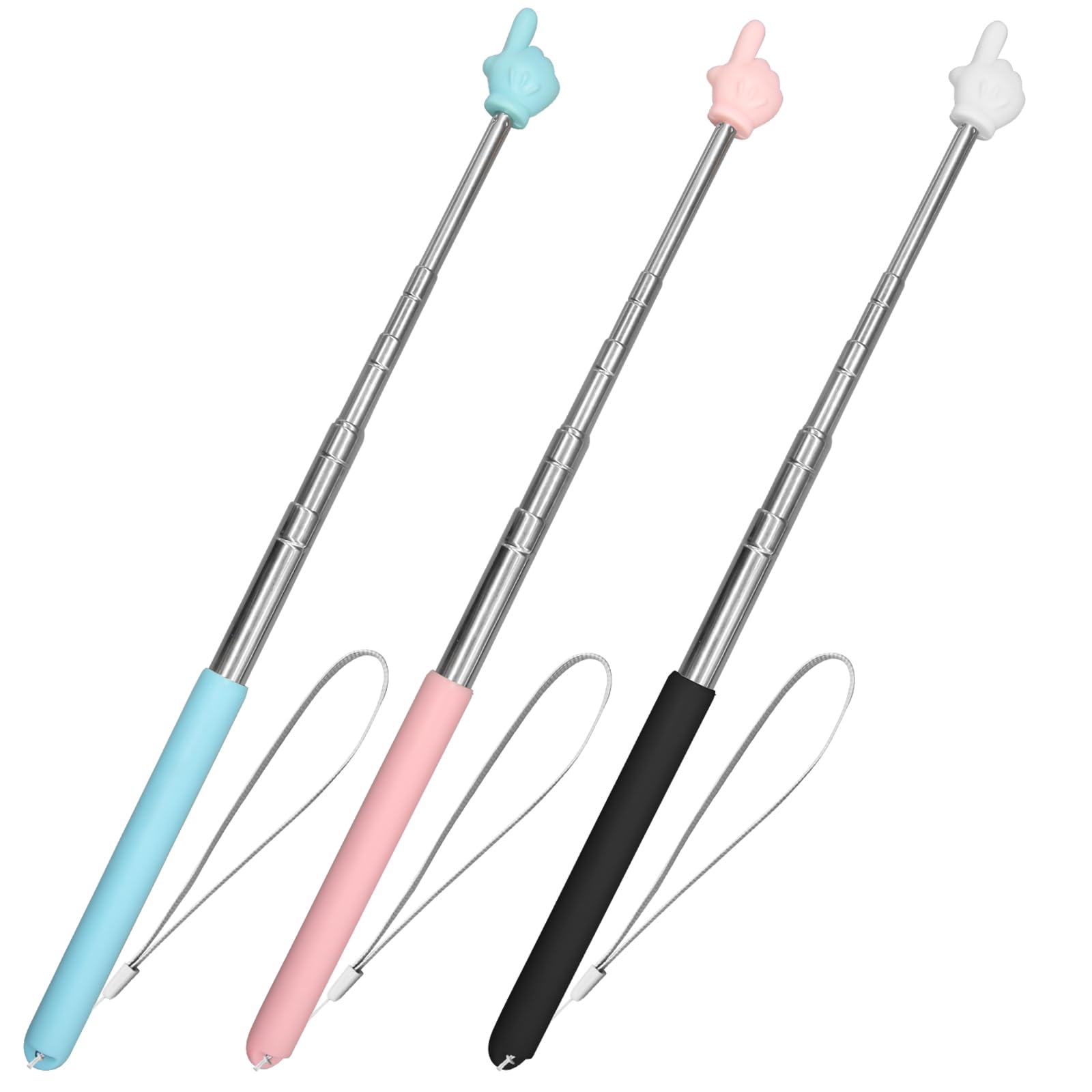 3Pcs Teacher Pointer Finger, Telescopic Pointer Stick Hand Pointer with Lanyards, Extendable Pointer Teacher Pointers for Classroom Elementary School Teacher, Classroom Supplies (Black Pink Blue)