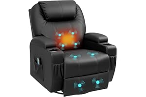 YESHOMY Swivel Rocker Recliner with Massage and Heating Functions, Sofa Chair with Remote Control and Two Cup Holders, Suitable for Living Room, PU Leather Dark Black