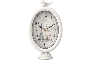 ChimeTide Vintage Table Clock with Bird, Desk and Shelf Decor Clock, French Paris Style, Antique White Metal Mantel Clocks for Living Room, Farmhouse, Bedroom, Bedside, Gift (10" H x 5.9" W)