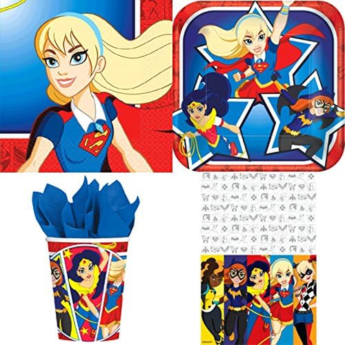 Super Hero Girls Party Pack for 16 by Amscan Includes Desert Plates, Beverage Napkins, Cups, Table Cover and Table Decorations
