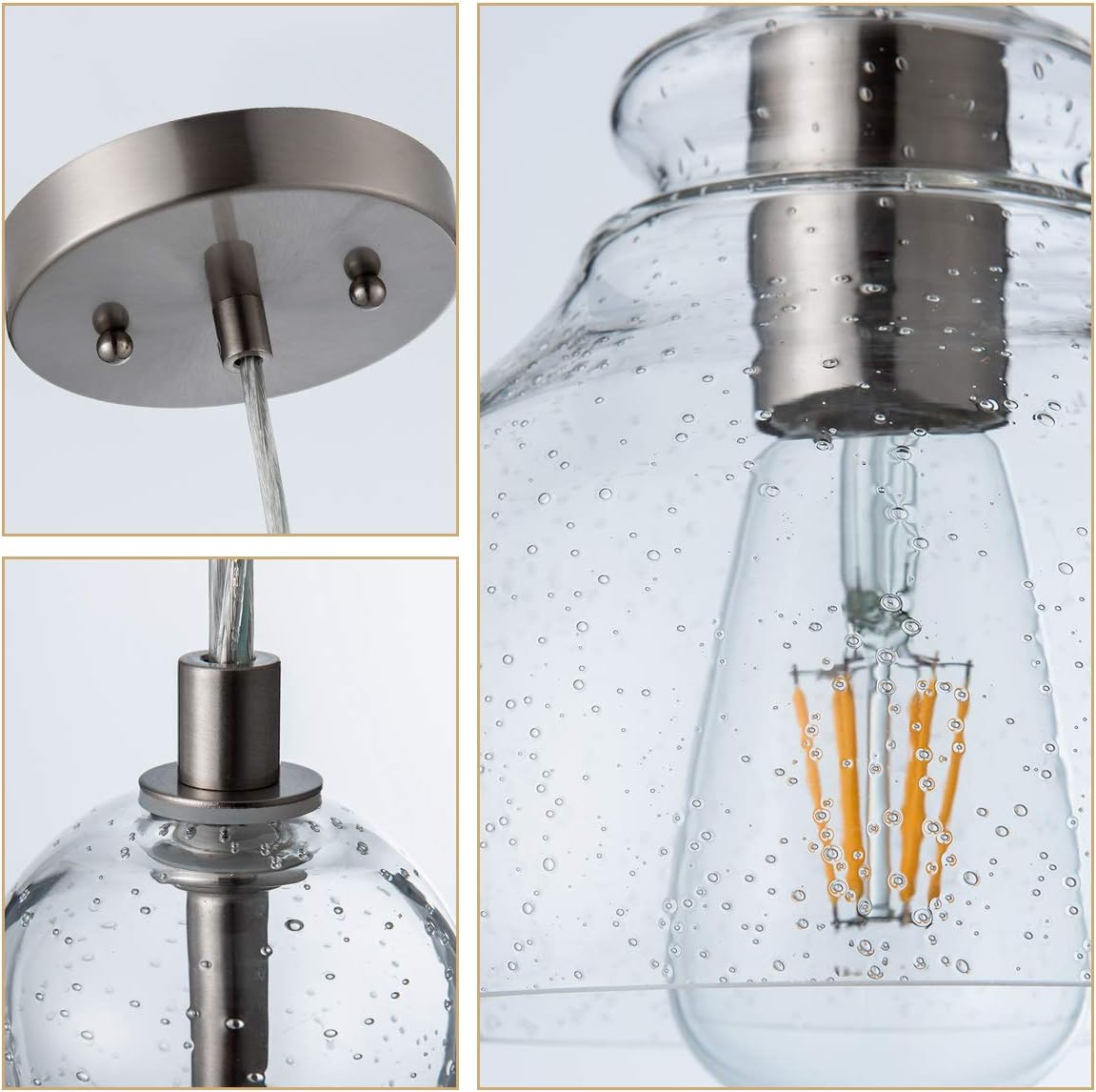 LANROS Industrial Pendant Lighting with Handblown Clear Seeded Glass Shade, Adjustable Cord Farmhouse Lamp Ceiling Pendant Light Fixture for Kitchen Island Kitchen Sink, Brished Nickle, 1 Pack - - 