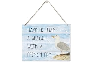 AUII JO DESIGN Happier Than a Seagull with a French Fry Decor Sign, Hanging Printed Wall Plaque Wood Signs, Home Décor Gift, Rustic Farmhouse Decorations for The Home 10X7.8inch