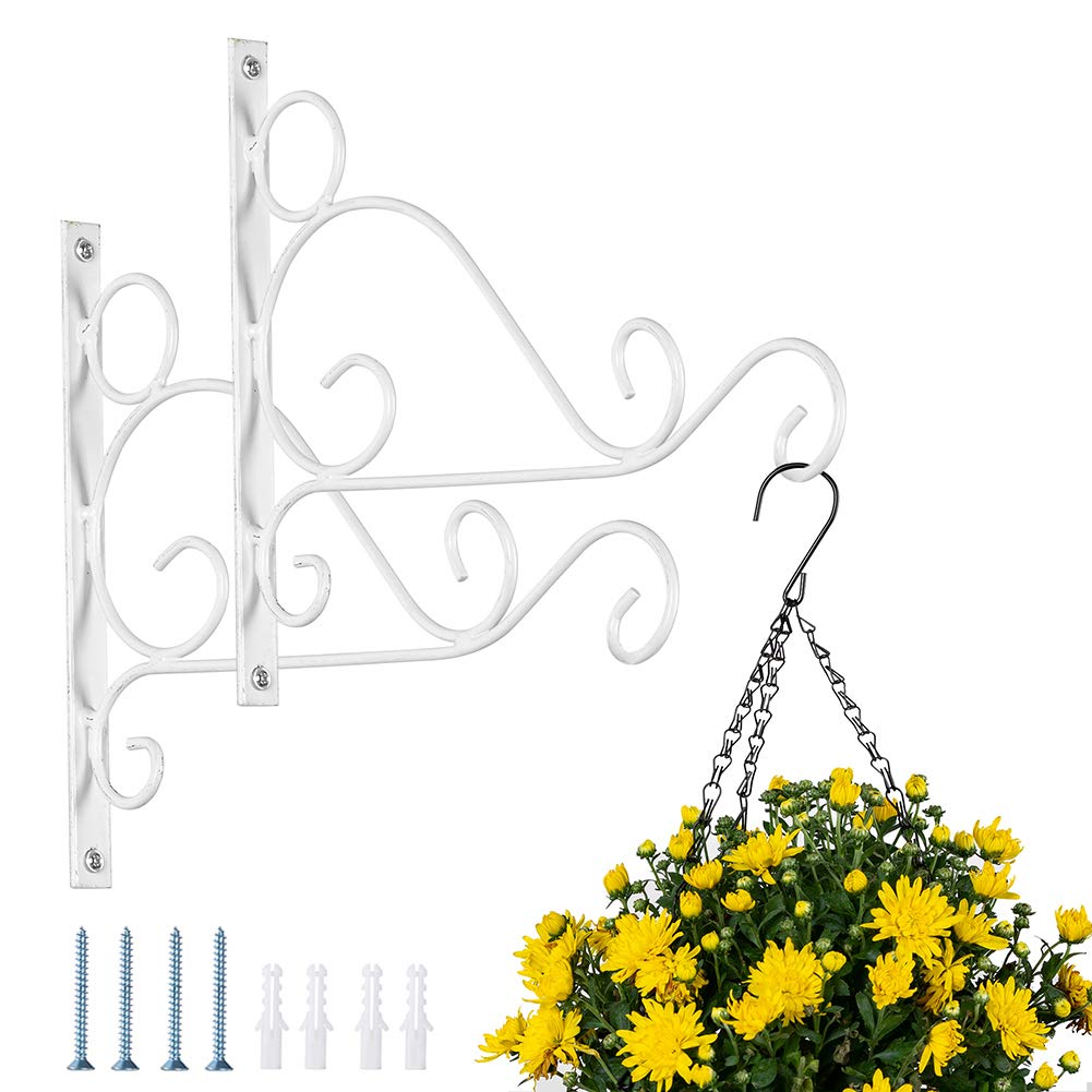 NUPTIO 2Pcs Metal Plant Bracket, Iron Wall Mount Lanterns Hangers, Garden Hooks for Hanging Bird Feeders Lanterns Planters, White Outdoor Decoration Hooks