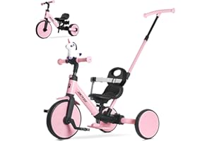 RIDYEE 5-in-1 Kids Tricycle for Toddlers 1.5-3, Tool-Free Convertible Kids Push Trike to Balance Bike, Safety Belt, Removable Backrest and Footrest, Ride-On Toy for Boys & Girls, Pink