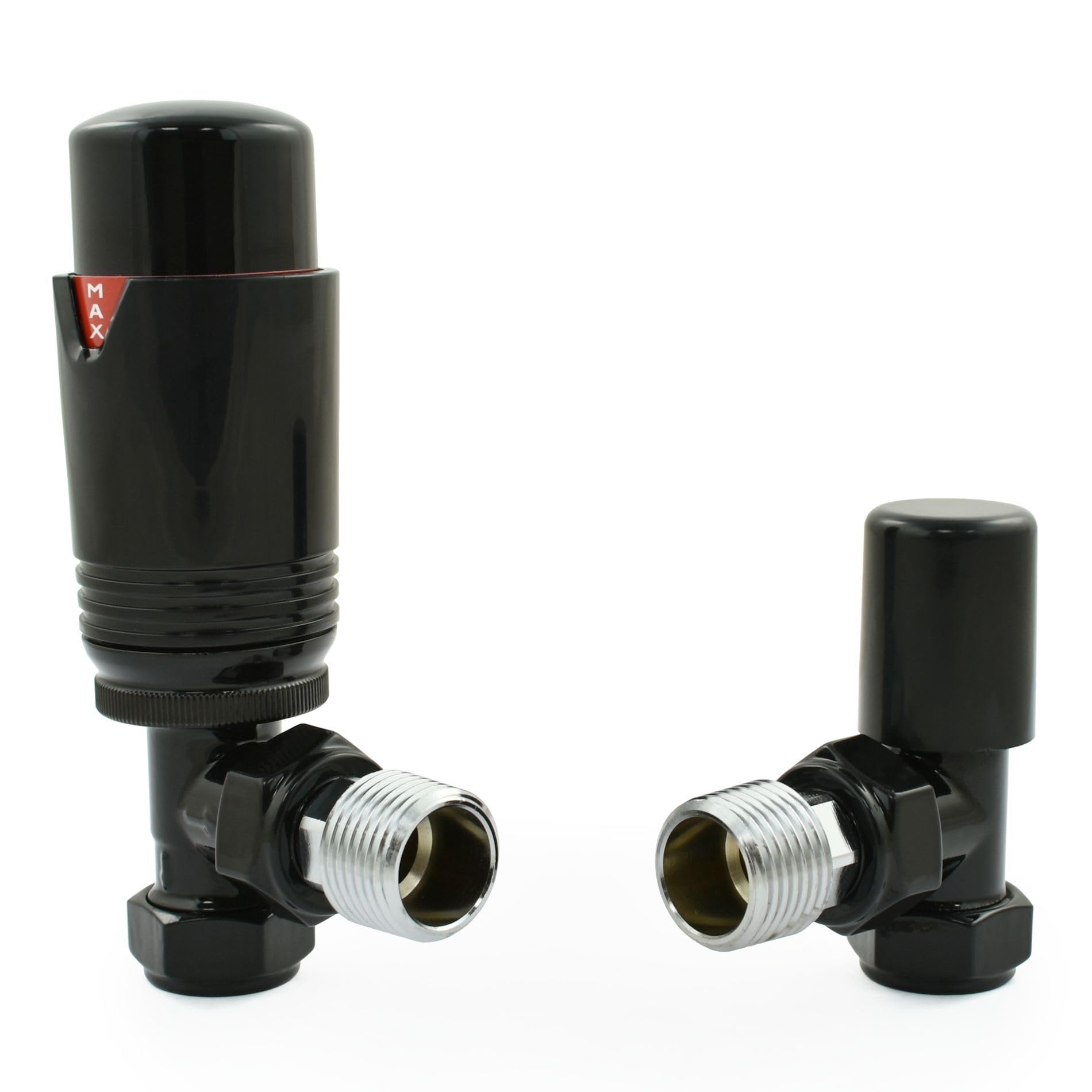 Hot Flow Full Black Estuary Angled TRV Thermostatic Radiator Valve (Pair) Includes Angled TRV Body, Wheel Head & Lock Shield for Quick & Easy Temperature Control. Perfect for Energy Saving.