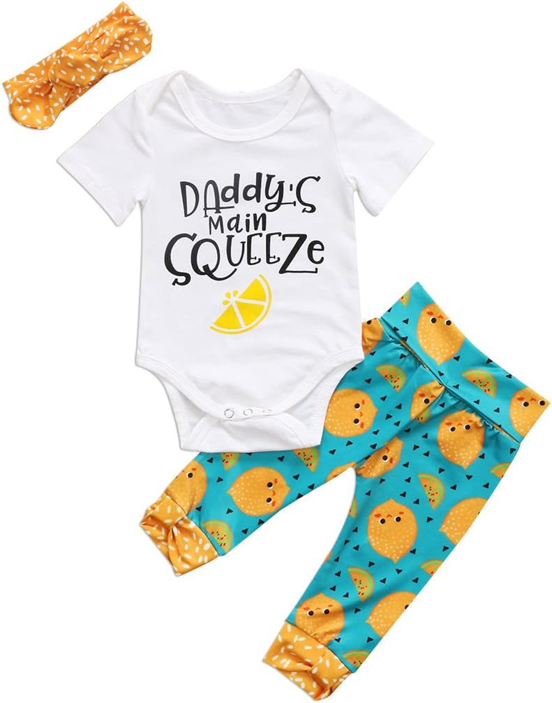 3pcs Baby Girl Pants Outfit Floral Long Pants +Letter Cotton Short Sleeve Romper+Headband Baby Outfits Clothes Set