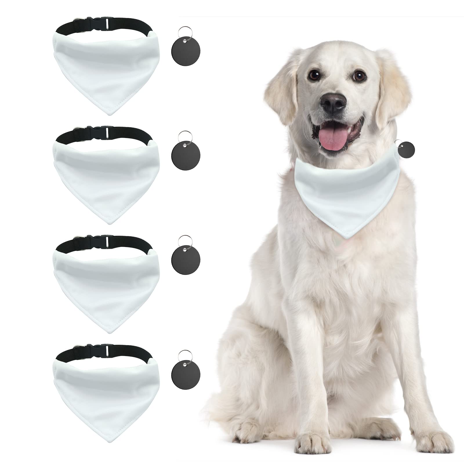 URROMA 4 PCS White Triangle Dog Bandana Collar, Dog Bandana with Adjustable Buckle Sublimation Blank DIY Dog Bandanas for Dogs and Cats, L