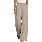 Xiaoxuemeng Womens Cotton Linen Wide Leg Pants Summer Elastic Waisted Beach Pants with Pockets