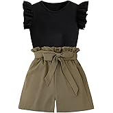Ecolala Girls' 2 Pieces Outfits Cute Ruffle Sleeve Top and High Waisted Striped Shorts Set