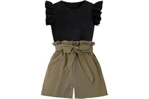 Ecolala Girls' 2 Pieces Outfits Cute Ruffle Sleeve Top and High Waisted Striped Shorts Set