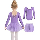 Gogokids 2PCS Long Sleeve Dance Leotards with Removable Skirt, Toddler Dance Dress for Ballet Class & Performance 3-11Years