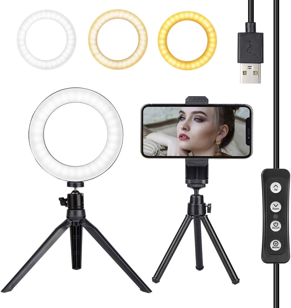 LED Ring Light 6" with Tripod Stand & Cell Phone Holder for Live Stream/Makeup, Lomoo Dimmable Desktop Led Camera Ringlight with 3 Light Modes & 10 Brightness Level for YouTube Video/Photography (6")