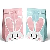 JarThenaAMCS 24Pcs Easter Party Favor Bags Pink Blue Bunny Rabbit Paper Gift Bags with Ribbon Bows Candy Treat Goodie Bags for Egg Hunting Baby Shower Birthday Party Supplies