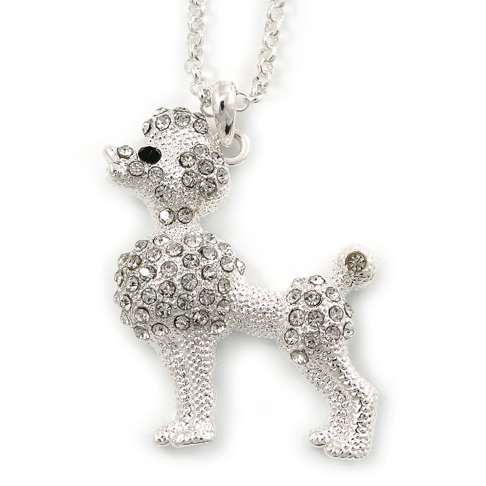 Avalaya Clear Crystal Poodle Pendant With Silver Tone Chain/ 44cm L/ 4cm Ext