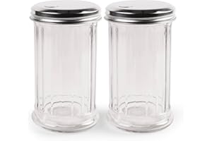 MR. KITCHEN 2 Pack Salt Sugar Shaker dispenser - Powder Sugar Dispenser Canisters - Glass Sugar Container with lid - Spice, Cinnamon, Baking Soda, Pourer Bottle Jar holder for Coffee Bar or Kitchen Countertop