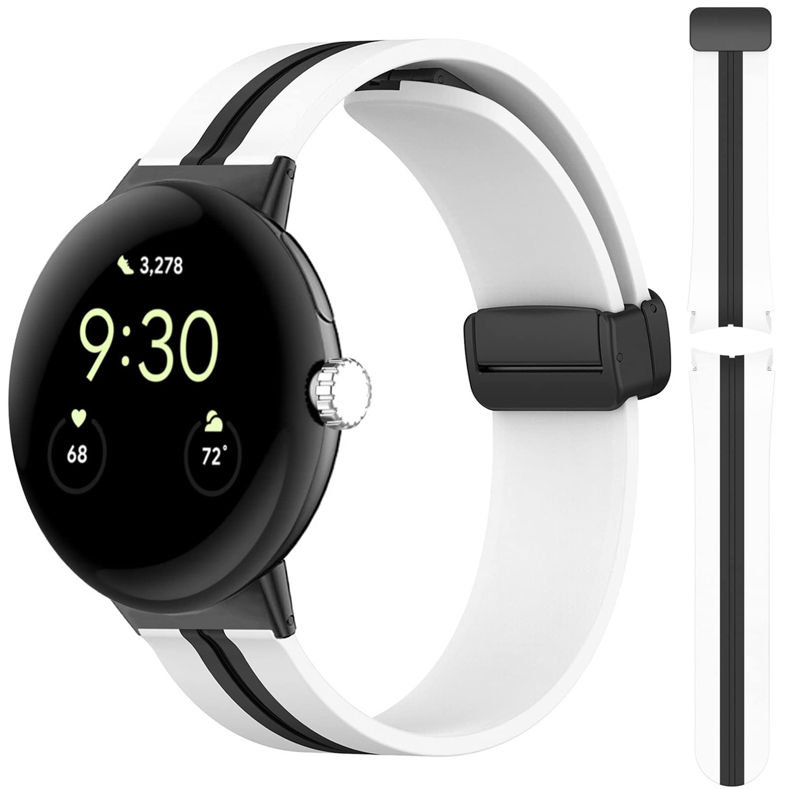 Miimall Strap for Google Pixel Watch 2/ Pixel Watch, [No Gap] [Magnetic Folding Buckle] Soft Silicone Sports Band Lightweight Waterproof Replacement Wristband Strap for Pixel Watch (White+Black)