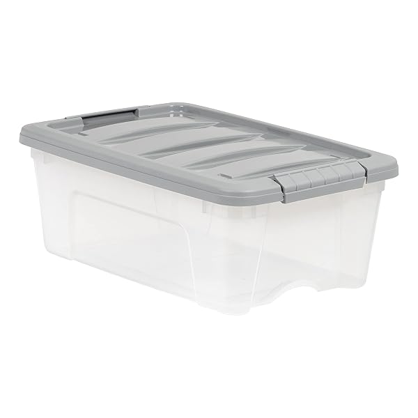 AMAZON BASICS PLASTIC STORAGE CONTAINERS WITH SECURE LATCHING LIDS, STACKABLE ORGANIZATION BINS FOR ORGANIZING, CLEAR/GREY, 12 QUART, SET OF 6