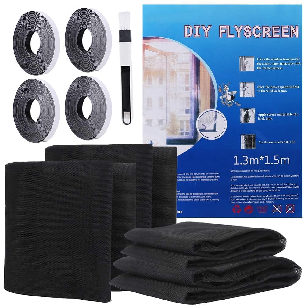 YANGTE 4 Packs Fly Screens for Windows, Insect Mesh Window Nets 130x150 cm with 4 Rolls Self-Adhesive Tapes, Cleaning Brush, Black