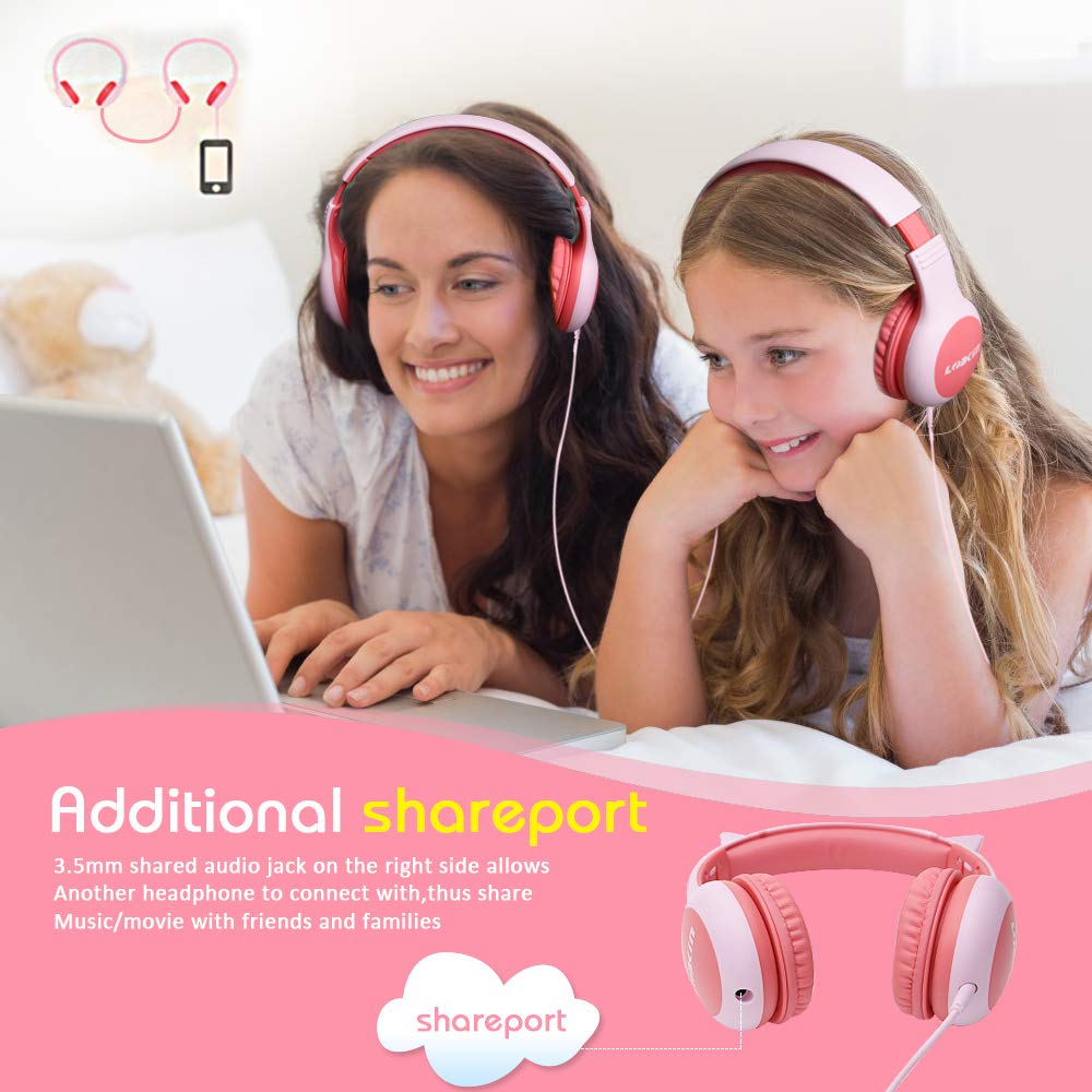 LOBKIN Kids Headphones Volume Limited Protection Wired Headsets with SharePort for Children/Kids,Kids Friendly Safe Food Grade Material On-Ear Headphones for Children Toddler Baby (Pink)