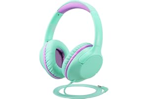 POWMEE Kids Headphones Over-Ear Headphones for Kids/Teens/School with 94dB Volume Limited Adjustable Stereo 3.5MM Jack Wire Cord for Fire Tablets/Travel/PC/Phones(Mint Green)