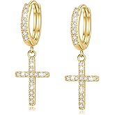 14K Gold Plated Drop Dangle Cross Hoop Earrings Trendy Gold Cross Earrings for Women Small CZ Huggie Hoops Dangling Diamond Cross Earrings for Men Hypoallergenic Lightweight