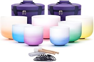 Hye-eun Crystal Singing Bowl Set,7-12 Inch 432hz Half Colored Gradient Quartz Singing Meditation Sound Bowls Set of 7pcs with Carrying Case for Yoga Sound Healing