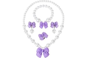 BAOBAOJOY Princess Jewelry for Little Girls, Handmade Bow Pearl Kids Jewelry Set, Stretch Necklace Bracelets Rings and Clip on Earrings, Perfect for Dress Up, Birthday Parties, and Costume Play