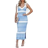 Saodimallsu Womens Summer Midi Bodycon Sweater Dress Sexy V Neck Tie Shoulder Striped Knit Side Slit Sleeveless Tank Dresses