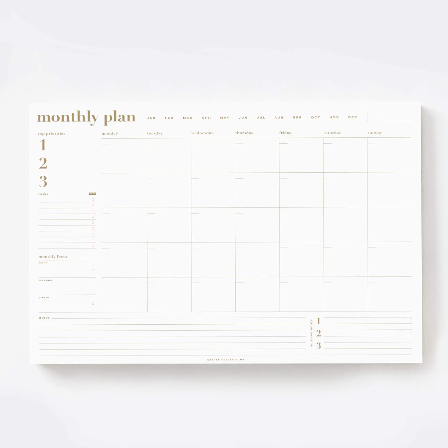 Bliss Collections Monthly Planner 297 x 420 with 18 Undated Tear-Off Sheets - Essential Calendar, Organiser, Scheduler, Productivity Tracker for Organising Goals, Tasks, Ideas, Notes, To Do Lists