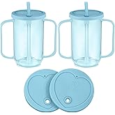 Sliner Adult Sippy Cups for Elderly 12 oz Straw Sippy Cups with 2 Handles No Spill for Adults Spill Proof Dysphagia Cup for Disabled Patients(Light Blue)