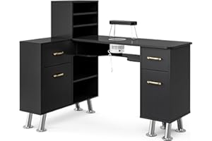 Paddie L-Shaped Manicure Table Nail Station with Shelves, Nail Tech Table Nail Table Station w/Dust Collector, Storage Cabinets, Drawers, Metal Handles & Legs(Black)