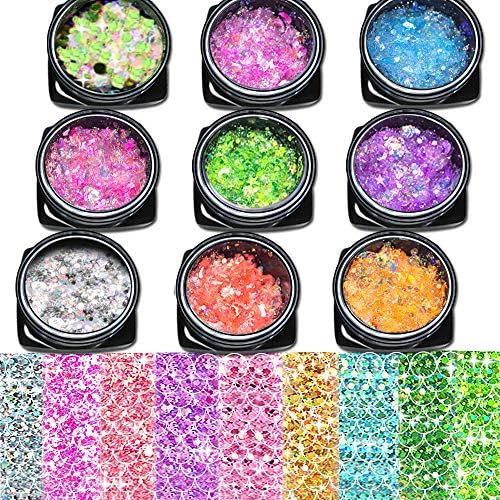 Holographic Chunky Glitter Gel Set - 9 Colors Cosmetic Festival Chunky Glitter for Body, Face, Hair, Nail, Crafts, Eyes, No need Glue for Thanksgiving Christmas Party Makeup