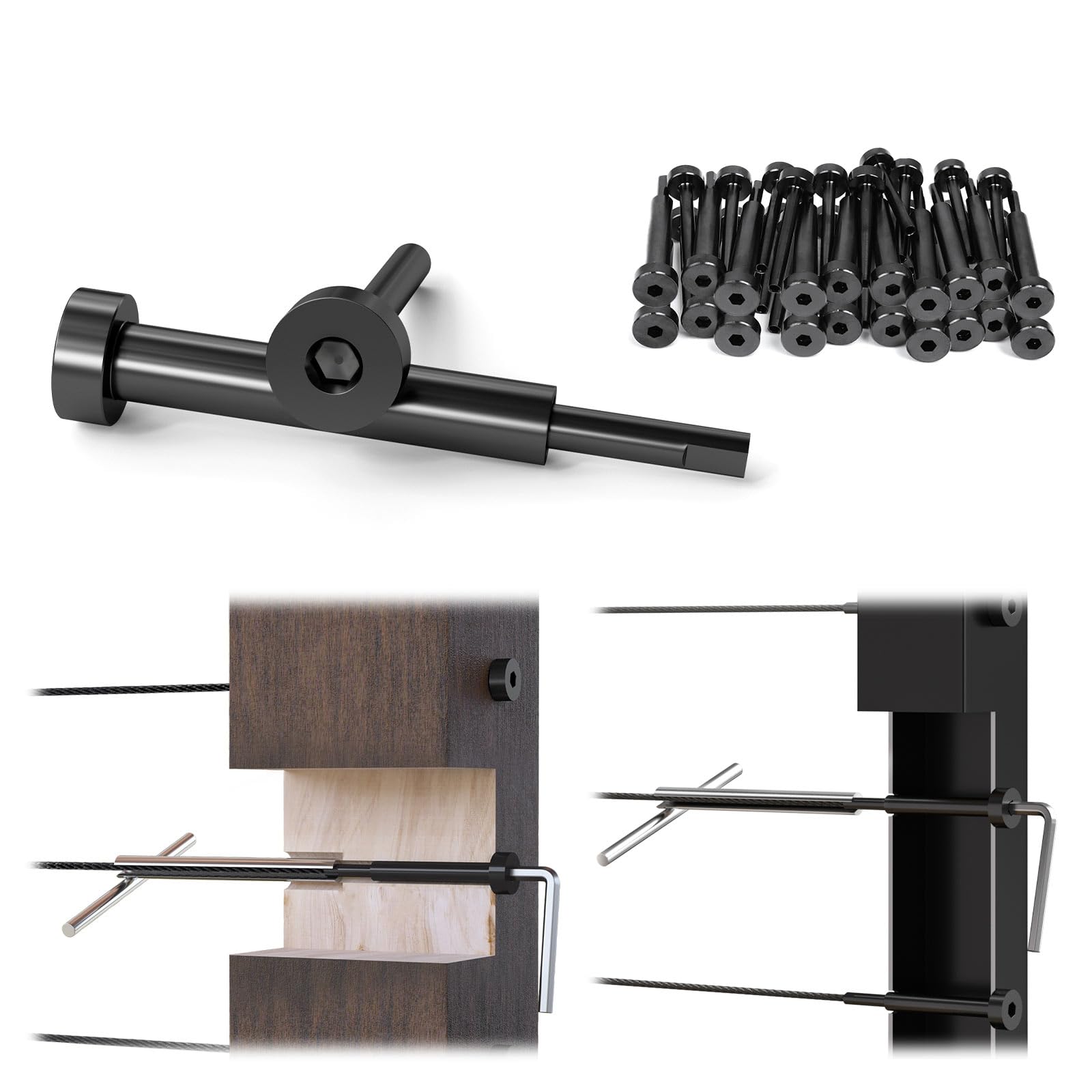 Photo 1 of [Patent] Muzata 40 Pack 1/8" Black Invisible Cable Railing Hardware Kit 20Pair Tensioner and Terminal for 2"x2" 4"x4" Wood Metal Post T316 Stainless Steel Deck Cable Railing System CR26